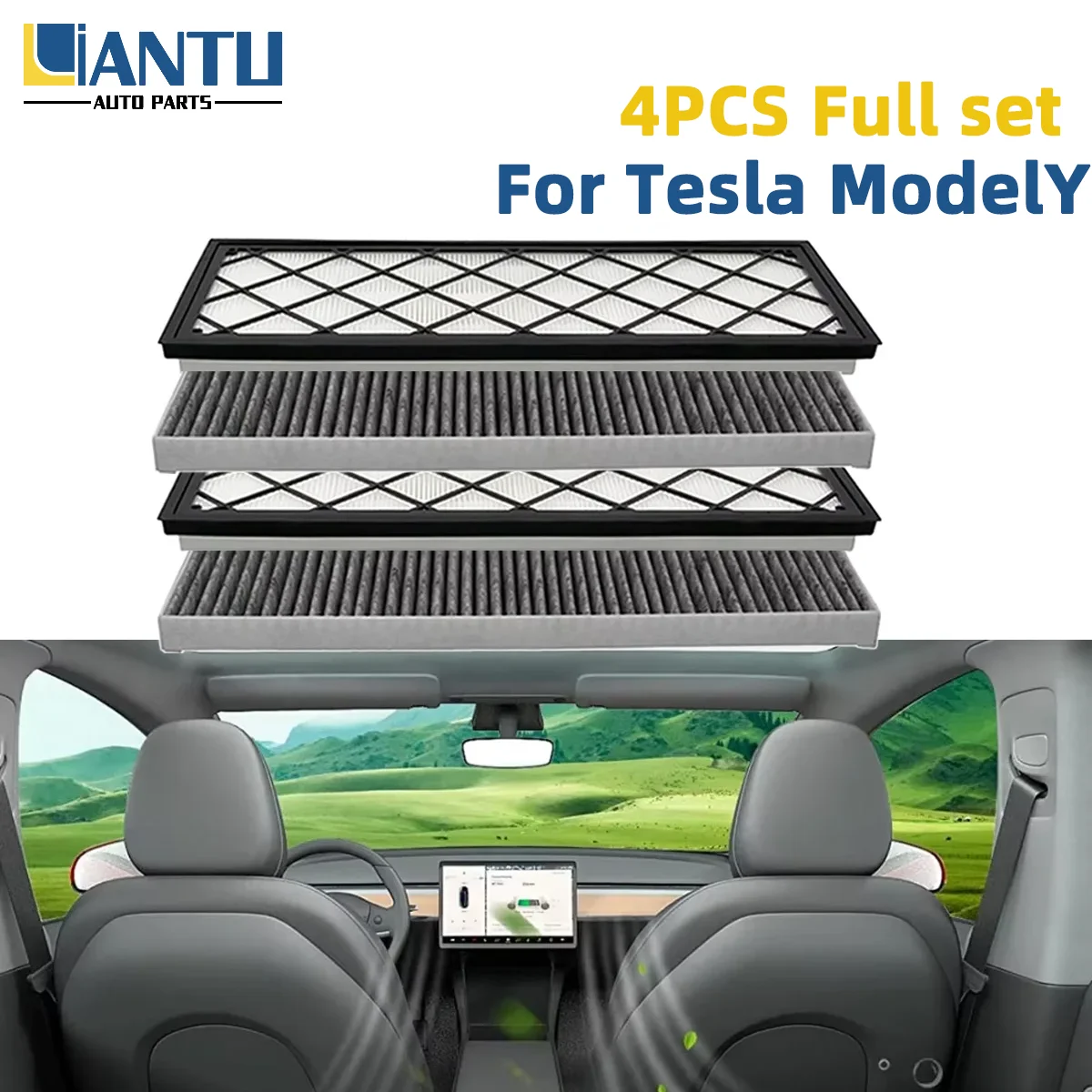 

4PCS Automotive Air Filter Kit Fit For Tesla Model Y 2020-2024 Activated Carbon Filter Cartridge White Antibacterial Car Parts