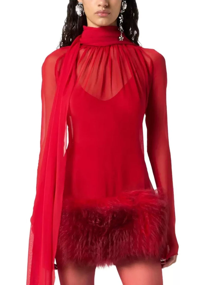 Ele pele sintética e chiffon Dr com camada transparente gola alta Sa plissados saia ortod para mulheres Par Wear