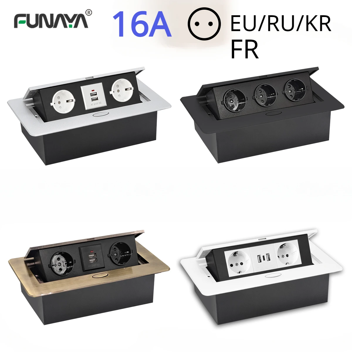 

EU/French KR Hidden Type Table Socket 2/3 Outlet USB Option Desk 16A 3000W White/Black/Silver Metal Panel UK RU embedded Socket