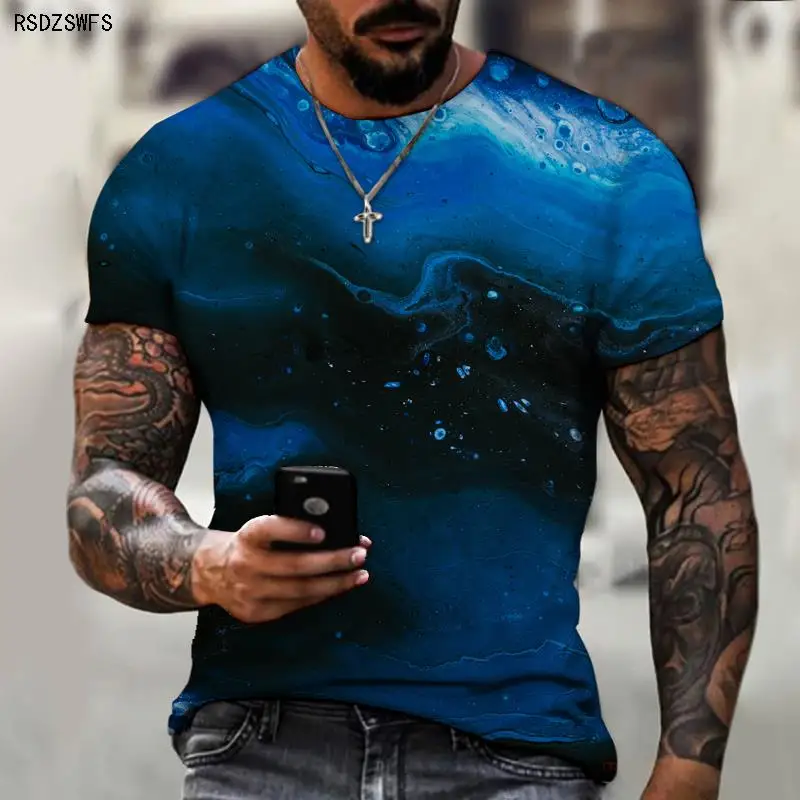 

2025 Summer New Style 3D Printing Water Drop Starry Sky Men's Short-sleeved Fog Design Fashion Art Men's T-shirt Size S-5XL