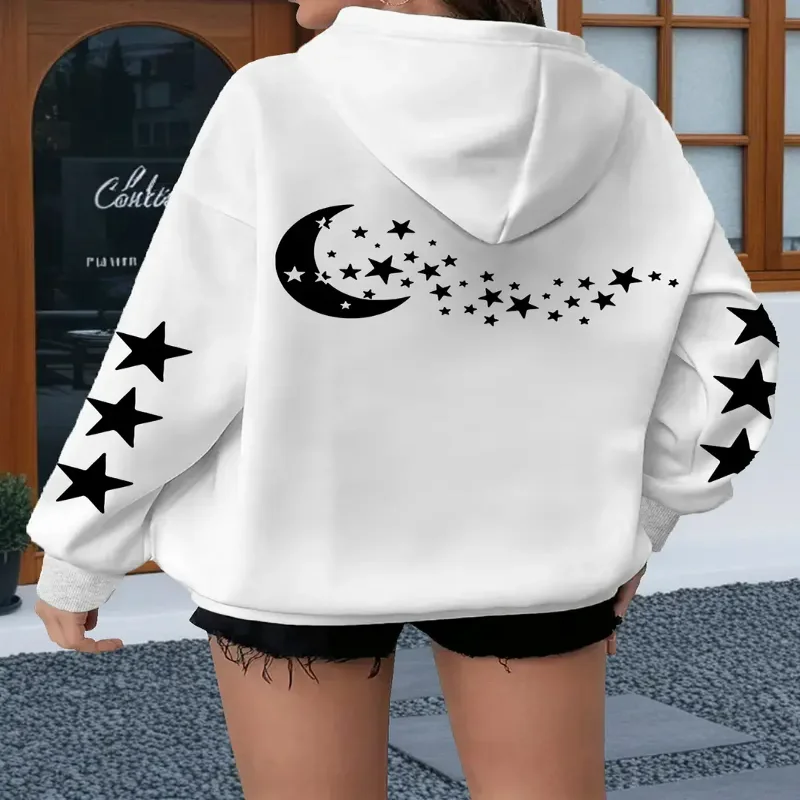 

Толстовка больших размеров с принтом Star And Moon, повседневный пуловер с длинными рукавами, капюшоном на шнурке и карманом-кенгуру на осень и зиму