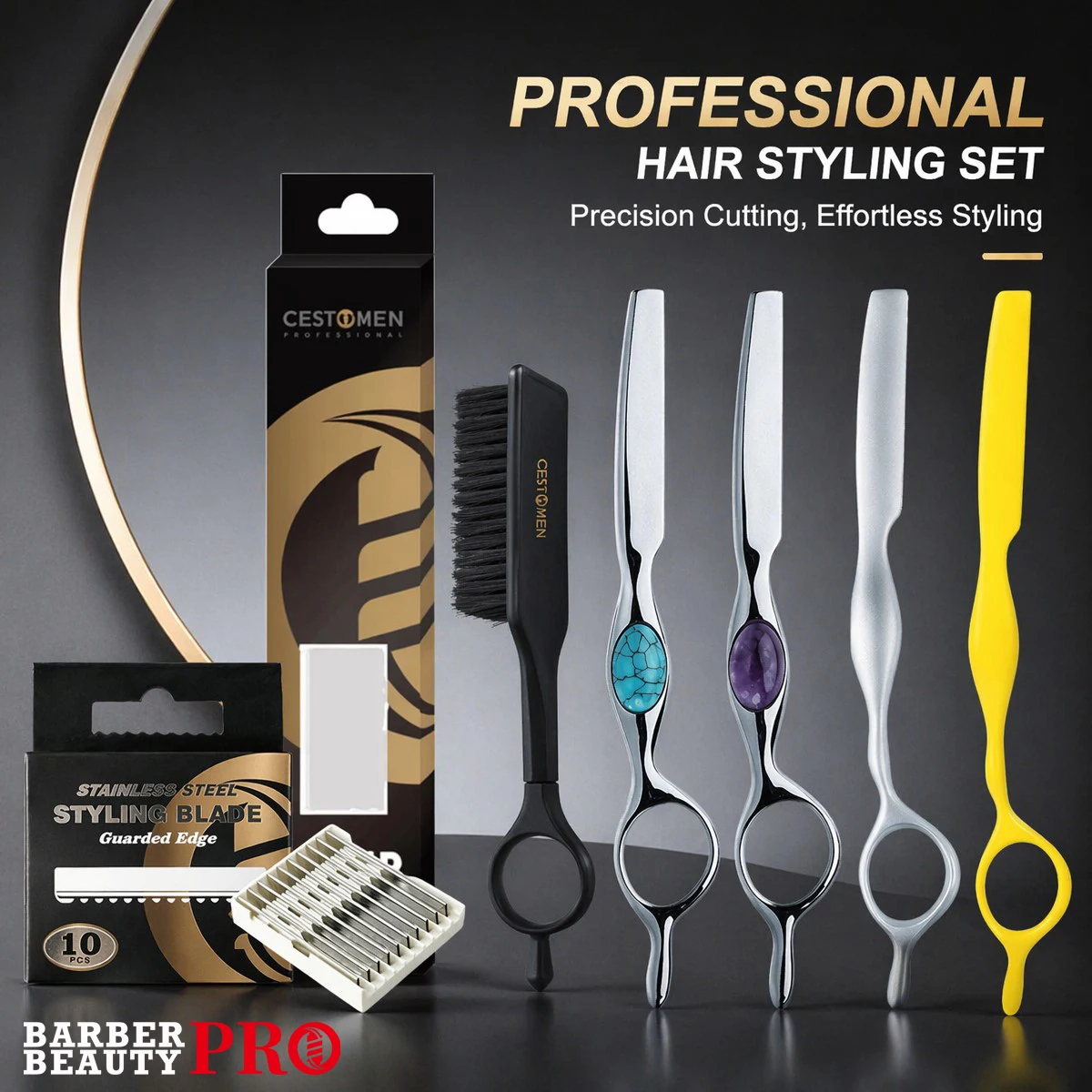 3Pcs 360°Professional Barber Hair Styling Set Zinc Alloy Thinning Razor Holder Rotatable Fade Brush Wave Blades Salon Home