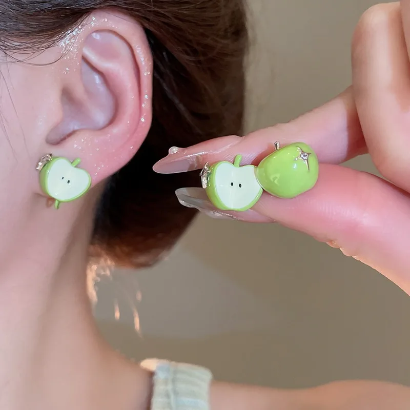 

Minar Creative Green Color Enamel CZ Cubic Zirconia Starburst Apple Simulation Fruit Stud Earrings for Women Femme Daily Jewelry