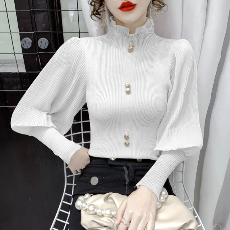 Women\'s Pullover Solid Long Sleeve Button Sweater Half High Collar 2023 Spring and Autumn Korean Puff Sleeve Ruffles Knit Tops