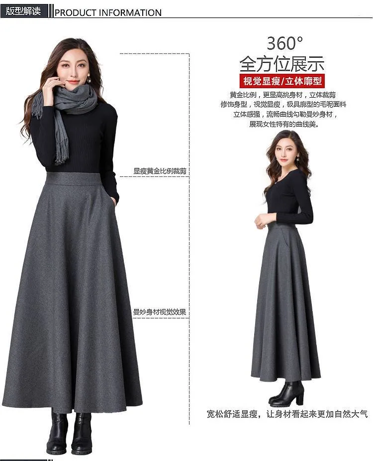 Autumn Winter Black Gray Large Size Woolen Long Skirt Women Fashion Korean Ladies Red High Waist Festival Pleated A-line Skirts
