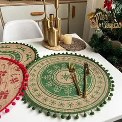 Christmas Retro Jute Placemat Round Printed Woven Dining Table Mat with Wool Ball Heat-Resistant Home Decorative Coffee Cup Mats