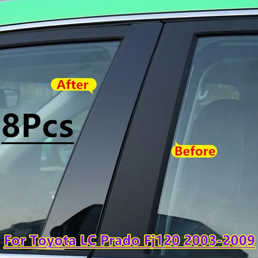 8Pcs Black Door Pillar Posts Cover Trim Kit For Toyota LC Prado Fj120 2003-2009