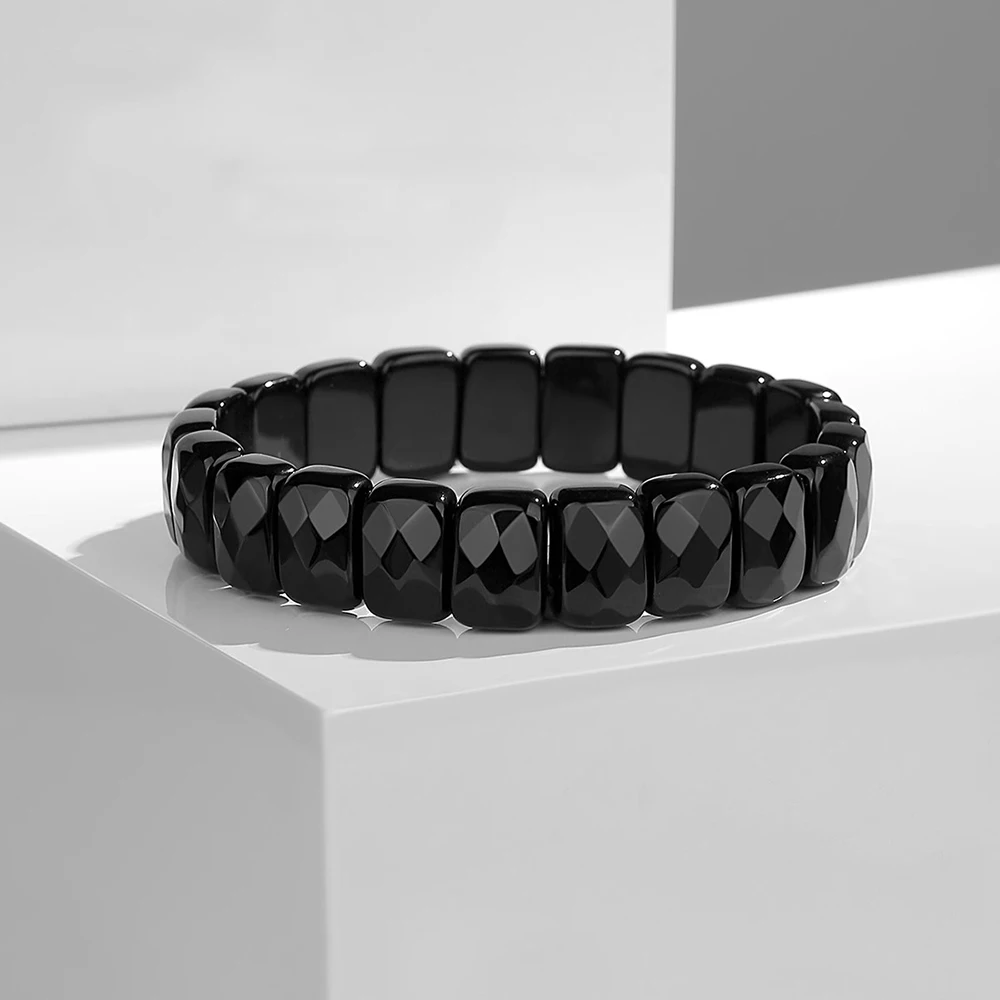 Natural Faceted Rectangle Beads Obsidian Stone Bracelet Rock Stretch Bangle Crystal Gemstone For Men Women Fashion Jewelry Gift