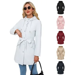 2024 Spring Autumn Women's Long Sweat Jacket Hooded Waterproof Jacket With Waist Belt Female Thin Casual Loose Windbreaker