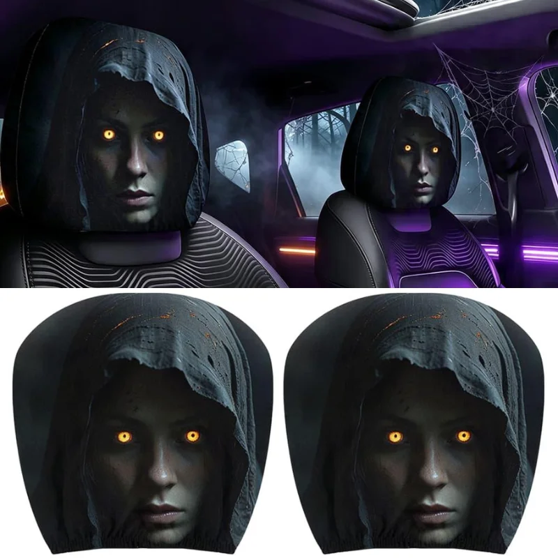 Image of 2/4 Stück Halloween Gruseliger Sensenmann-Druck Auto-Kopfstützenbezüge Horror-Stil Fahrzeugsitz-Kopfstützenabdeckung Halloween-Party Auto-Dekoration