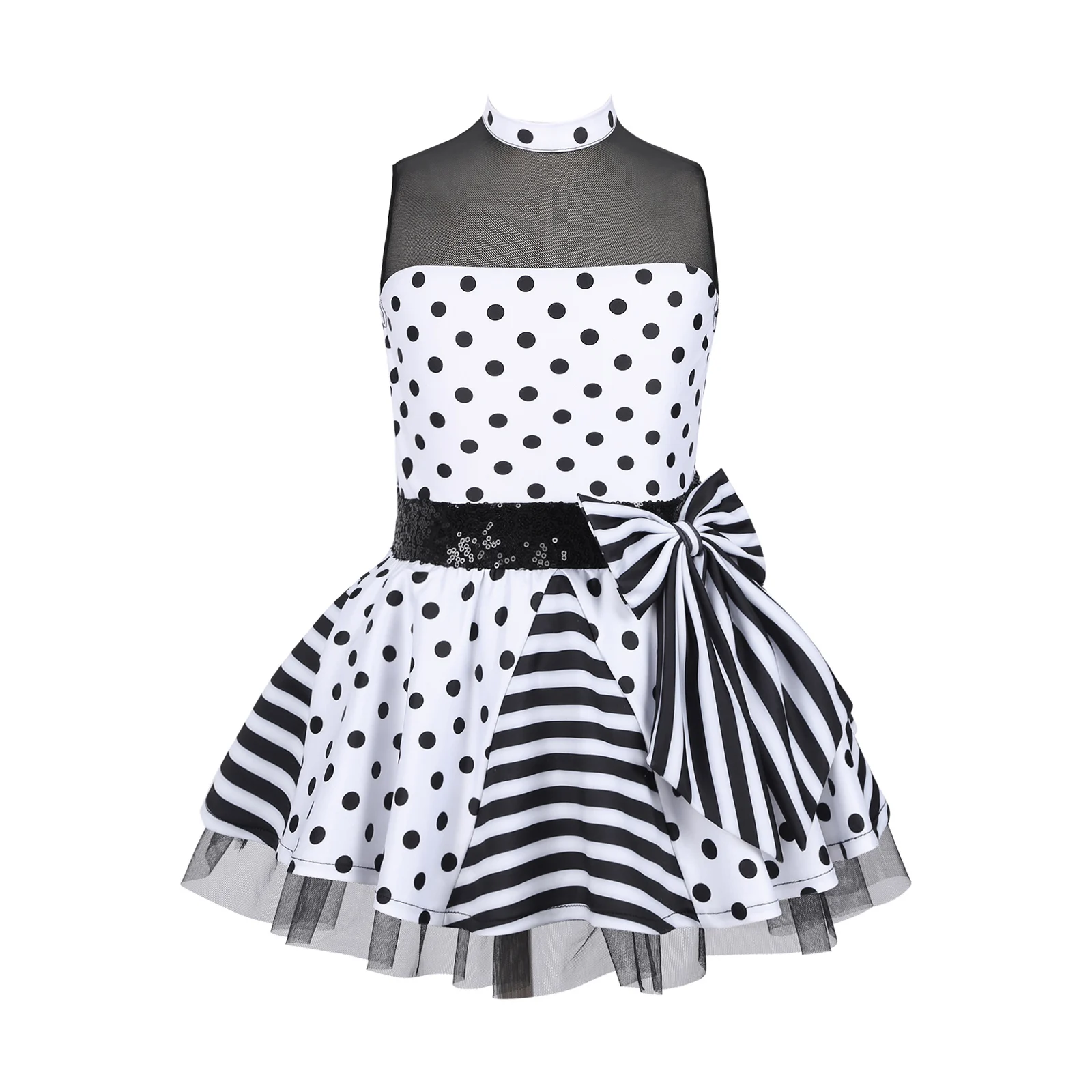 

Kids Girls Gymnastics Leotard Artistic Skating Polka Dots Print Mesh Sequins Bowknot Tutu Dress Ballet Lyrical Dance Dress