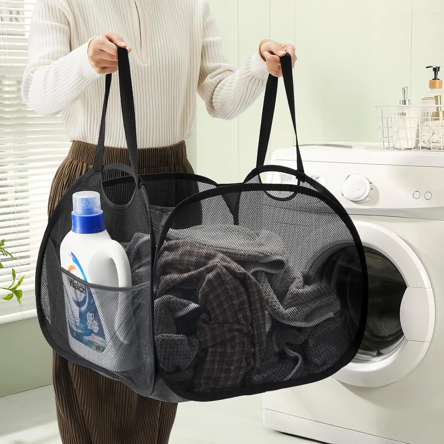 90L Collapsible Mesh Laundry Basket,Foldable Pop Up Laundry Hamper with Side Pocket Removable Clothes Storage Bin with Handle