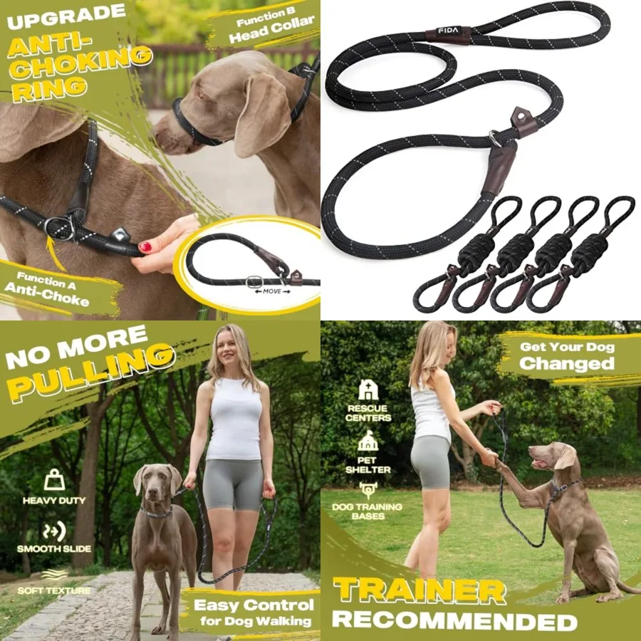 

Durable Slip Lead Dog Leash Bulk Pack of 5, Heavy Duty 1/2" x 6 Feet Comfortable Strong Rope Slip Lead for Large, Medium and Sm