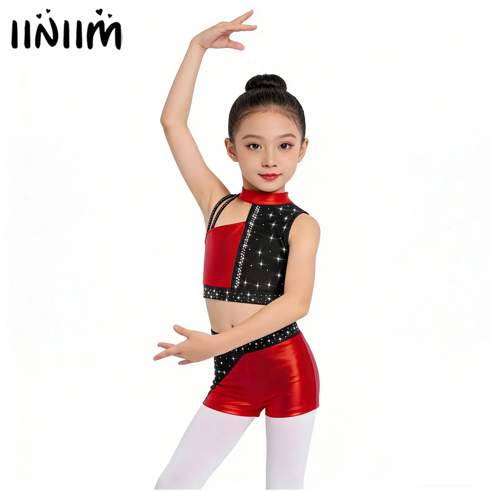 

Kids Girls Gymnastics Figure Skating Ballet Dance Outfit Performance Costume Shiny Rhinestones Metallic Crop Top with Shorts