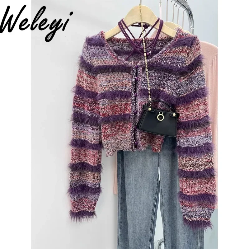 

Gentle Purple Short Striped Mink Velvet Splicing Kntted Top Woman 2024 Autumn and Winter New Premium Sweater Cardigans for Women