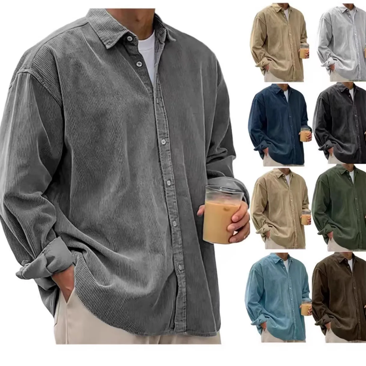 

Retro Distressed Long Sleeve Men's Shirt Jacket Casual Pure Color 2026 New Style Cross-Border Slim Fit Pocket Design Polyester