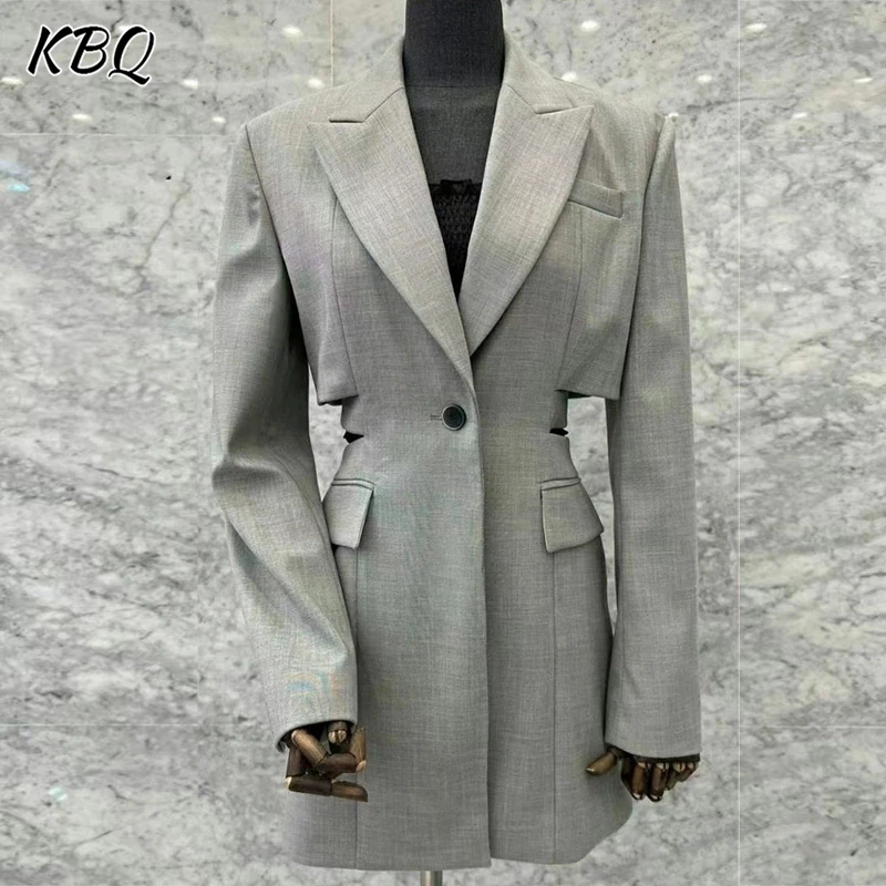 

KBQ Solid Spliced Button Tuniv Hollow Out Blazer for Women Lapel Long Sleeve Patchwork Pockets Tunic Coats Female Fashion New