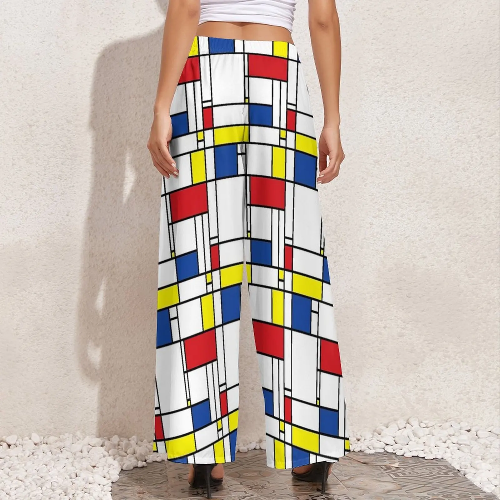 Mondrian Print Pants Elastic Waist De Stijl Modern Art Workout Trousers Aesthetic Printed Wide Leg Pants