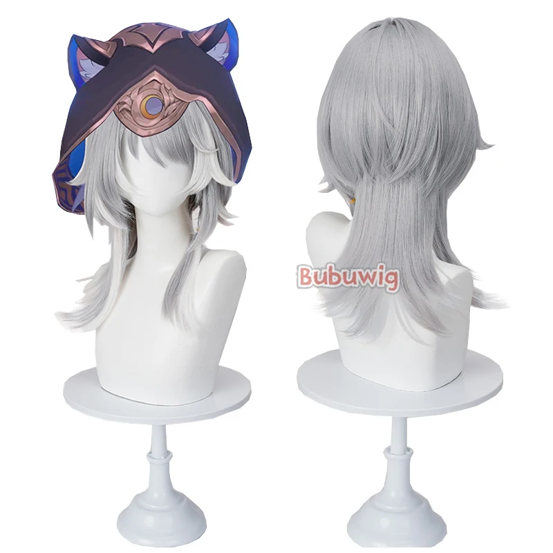 Bubuwig Synthetic Hair Cipher Cosplay Wigs Game Honkai: Star Rail Cipher 45cm Long Straight Gray Mixed White Wig Heat Resistant