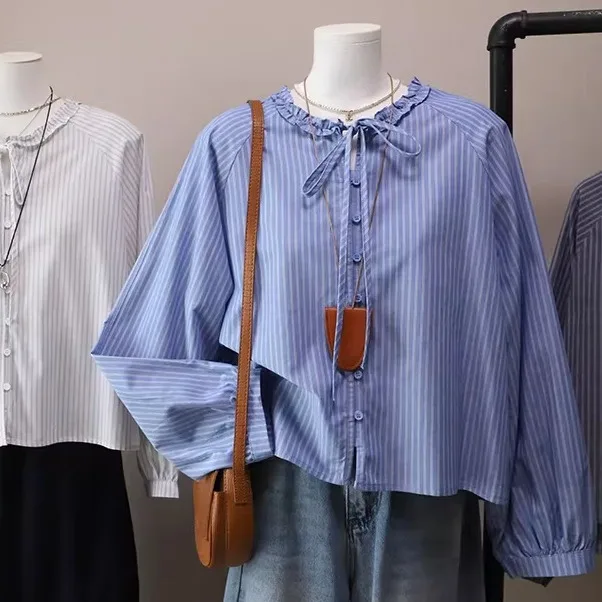 Ele Cotton Linen Long Sve Slimming Loose Fit round Ne irt Women's Early Spring New Sle Striped Tie Waist irt