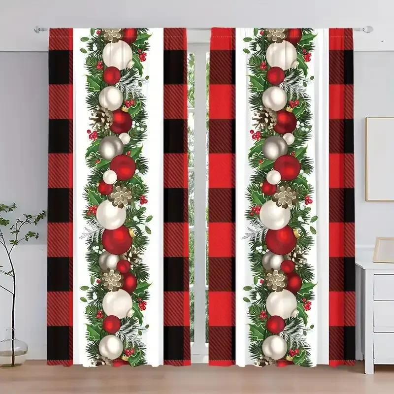 2 pieces - Christmas balls, pine leaves, pinecones, printed curtains, window decorations, home decorations, room decorations
