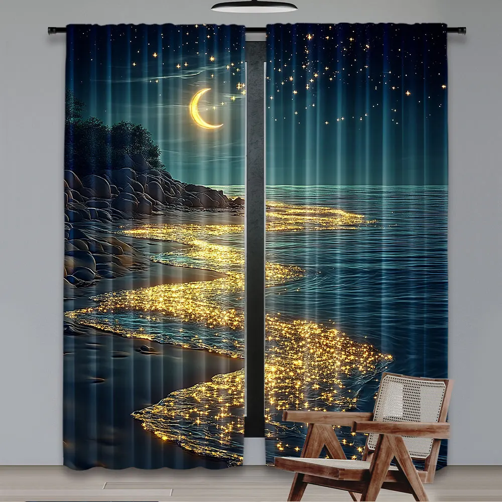 2Pcs Beach Moonlight Curtain Ocean Coastal Sea Waves Starry Night Sky Scenery Fantasy Teal 29.53X65.35In 41.34X90.55In