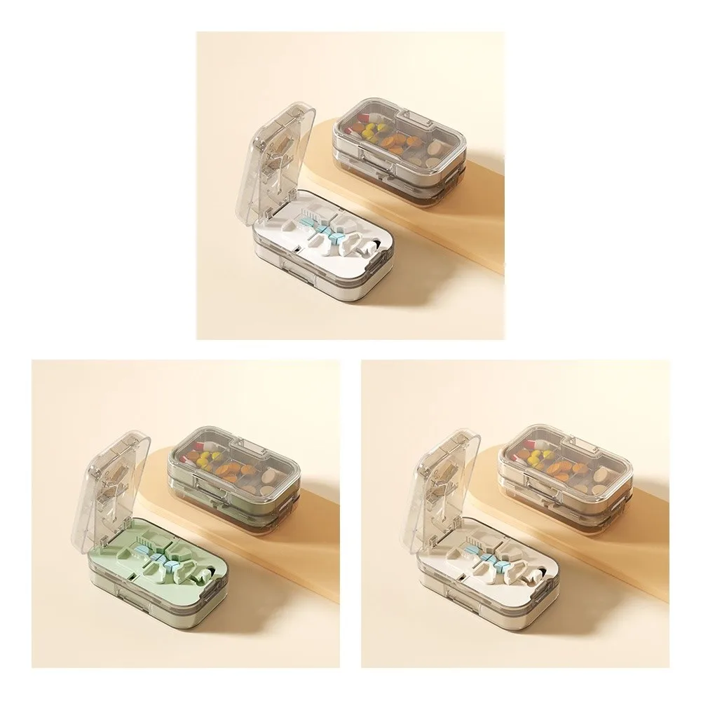 Double-Layer Pill Box with Pill Cutter Transparent Sealed Pill Organizer Case 3 Compartment Mini Medicine Tablet Storage Box