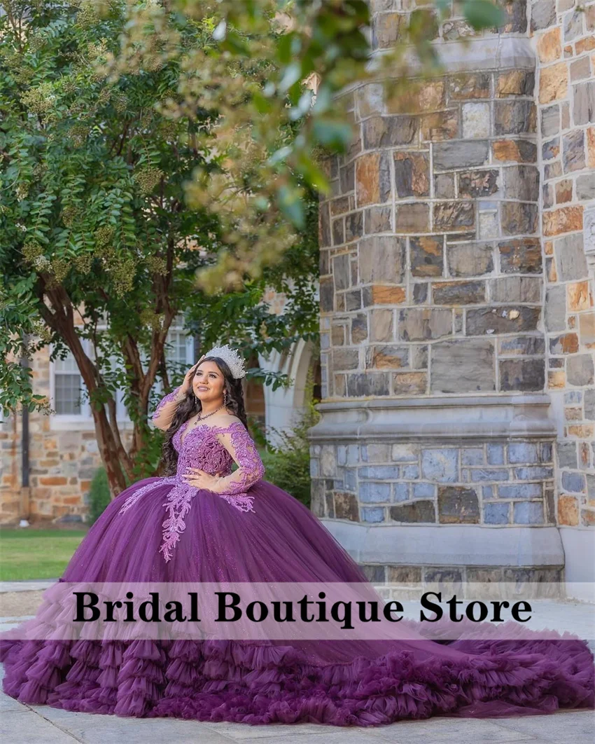 

Purple Mexican Beaded Quinceanera Dress 2024 Crystals Tiered Ruffles Long Sleeves Beads 16th Ball Gown Photoshoot Robes