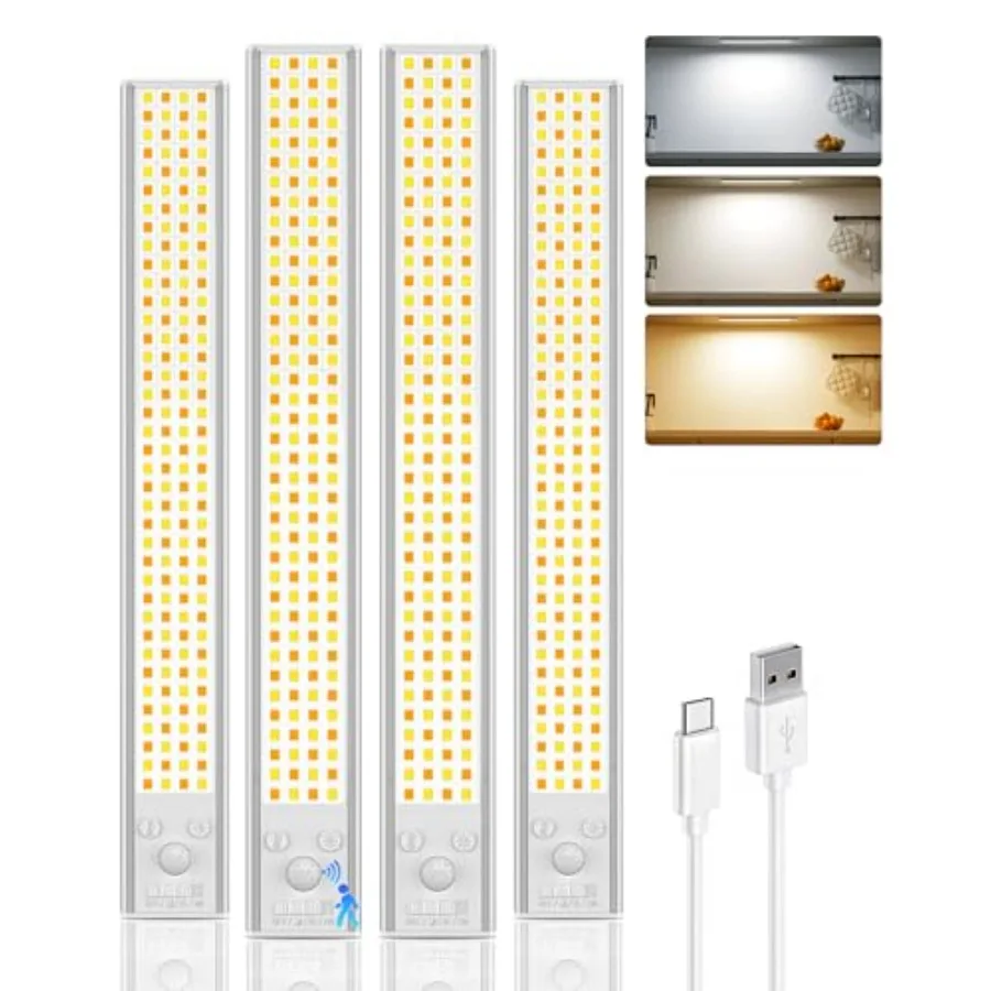 

12-дюймовая подсветка для шкафов, 152 светодиода, с датчиком движения, USB-перезаряжаемая, для использования внутри помещений, 3 цветовые температуры, регулируемая яркость, беспроводная