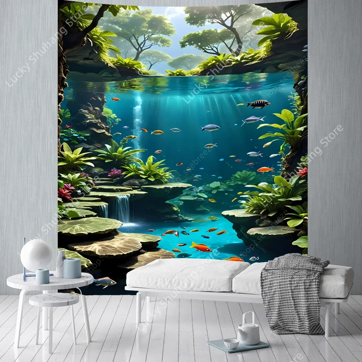 مسحور تحت الماء نسيج قوس قزح الأسماك الاستوائية الكريستال المياه النباتات المائية محكم جدار الفن الطبيعة الهادئة ديكور المنزل