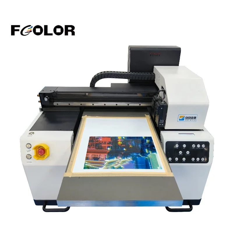 FCOLOR Hochwertiges Desktop-Digital-Flachbett-UV-Gerät UV-Gitterdrucker A4 Automatisches Tintensystem Mehrfarbig