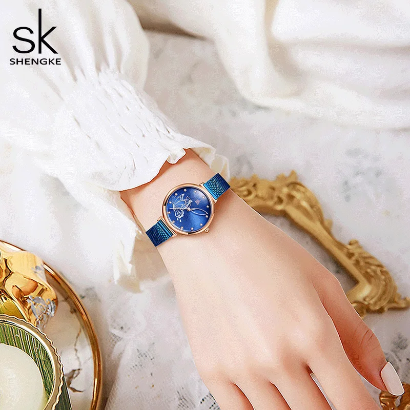 Shengke Top Luxury Quartz Wristwatch for Women Blue Stainless Steel Strap Fashion Casual Ladies Watches Best Gift Reloj de mujer