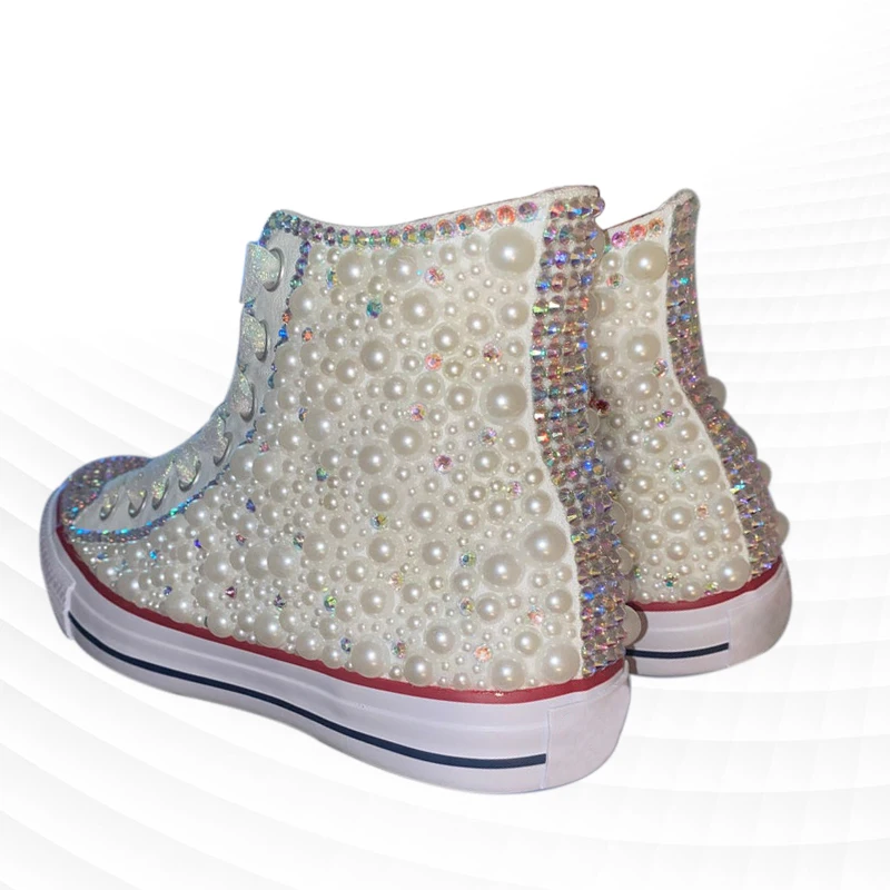 Multicolor high-top rhinestone canvas shoes sports walking comfort shoes handmade rhinestone ribbon vulcanized shoes 35-46