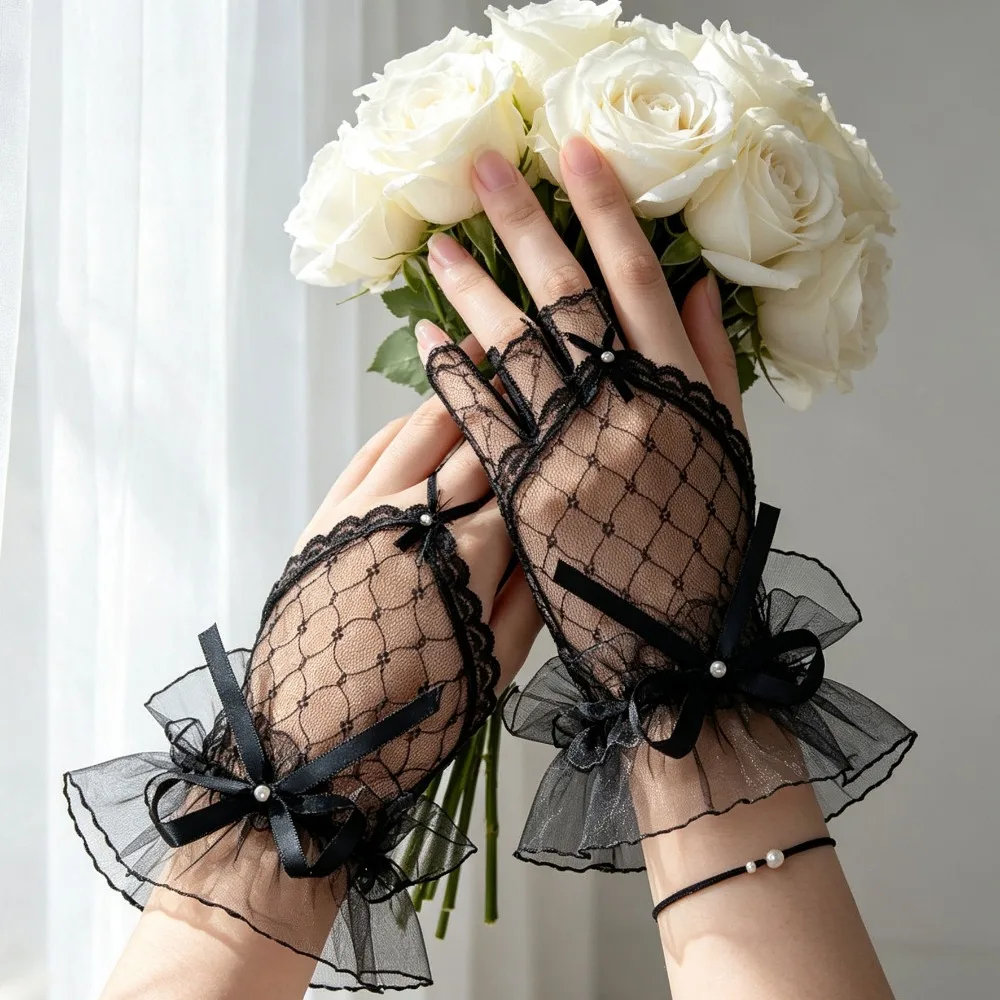 Women Harajuku Lace Bow Short Gloves, Gothic Net Gauze Hand Sleeves for Lolita Wedding Halloween Party