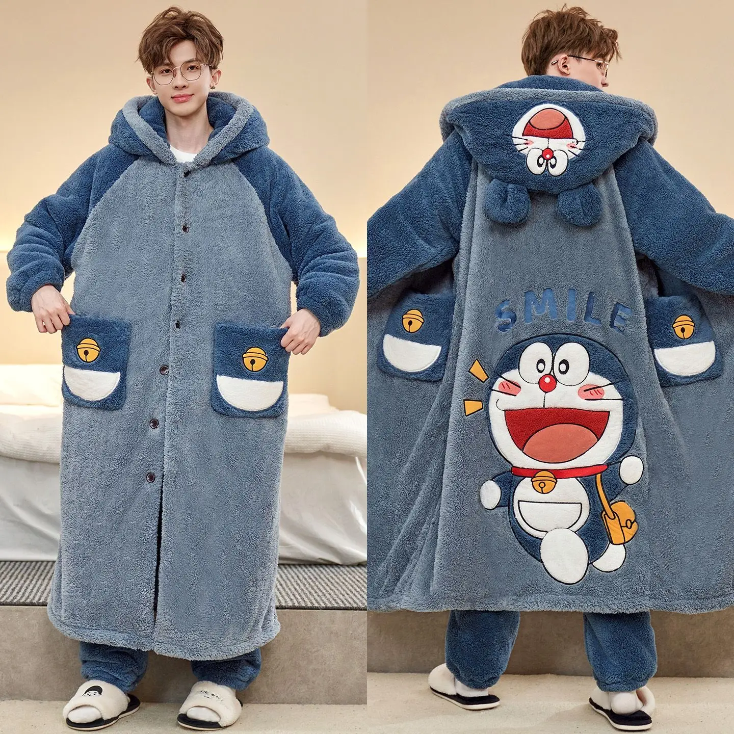 Winter Doraemon Plush Robe and Pants Set Soft Coral Fleece Hooded Long Bathrobe Cute Cartoon Home Sleep Outfit Warm Loungewear