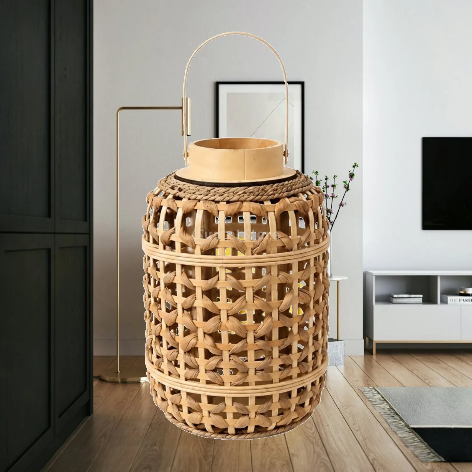 Handwoven Bamboo Candle Lantern Stylish Farmhouse Decor Tea Light Candle Holder for Desk Fireplace Mantle