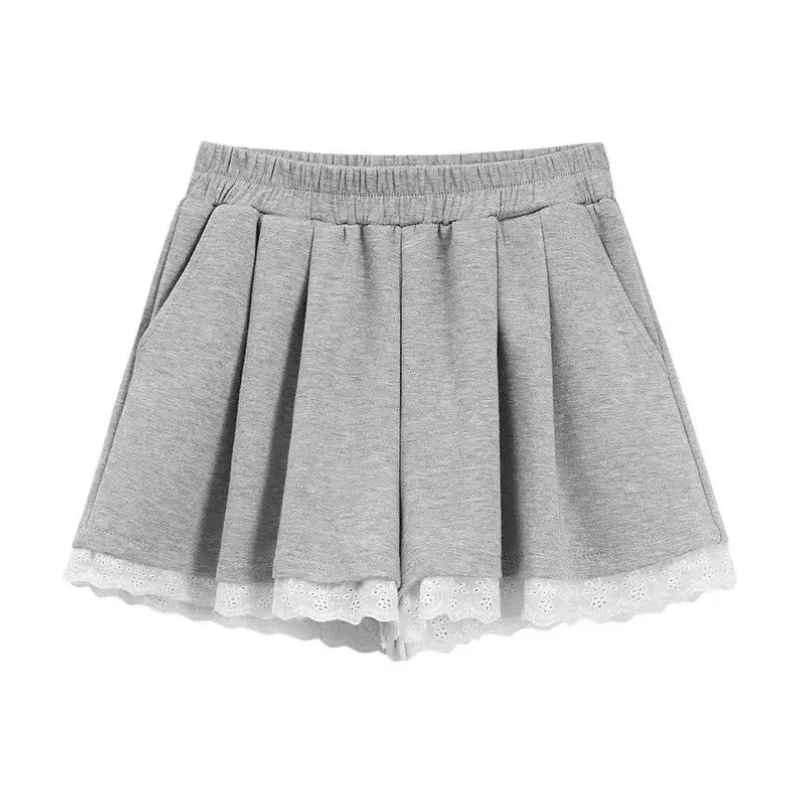 Wide Leg Shorts Women Sweet High Street Casual Lace Design Harajuku Simple Solid Cute Elastic Waist Summer Fashion Preppy Style