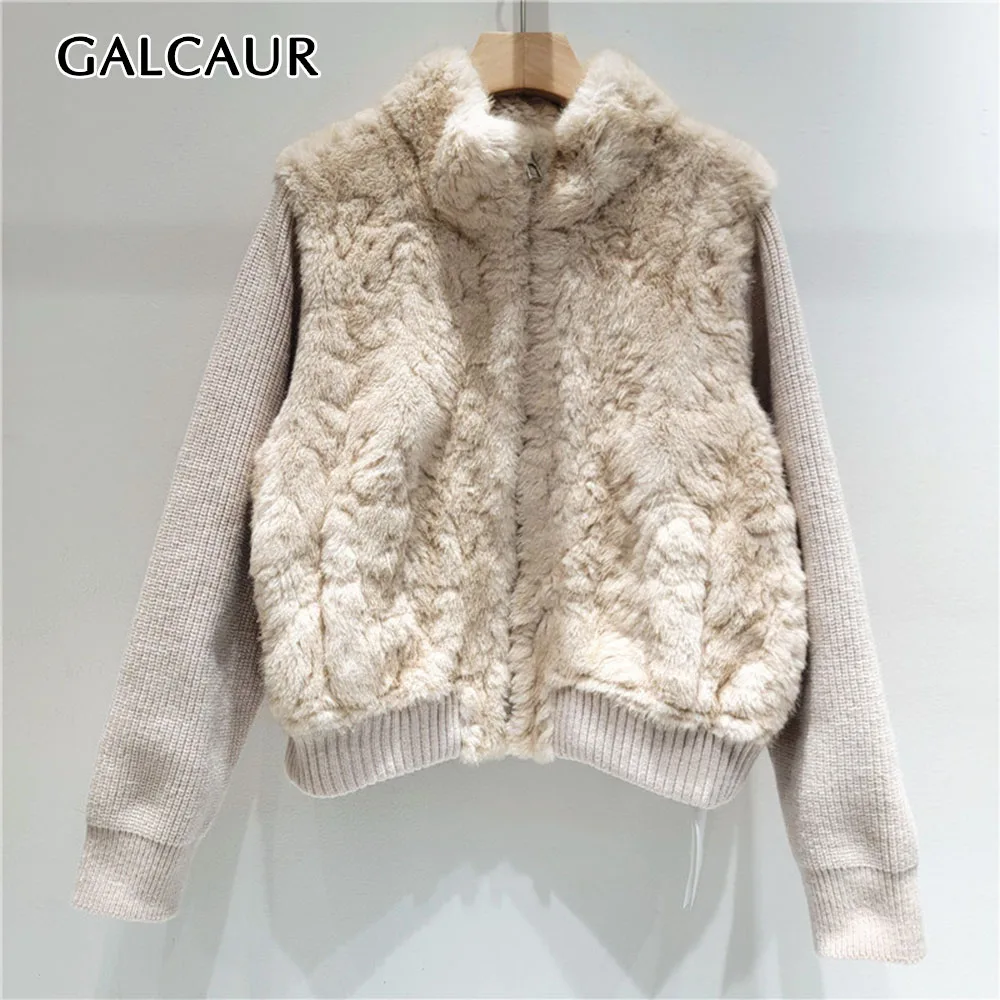 GALCAUR Fluffy Spliced Knit Slimming Solid Coat for Women High Collar Long Sleeve Patchwork Zipper Casual Jacket Female Fashion