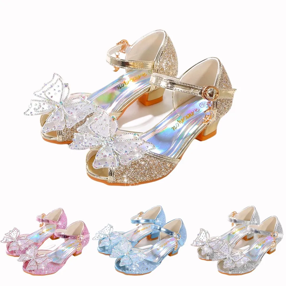 Menina princesa sapatos crianças sandálias menina cinderela borboleta cristal sapatos crianças vestido de natal sapatos meninas saltos altos