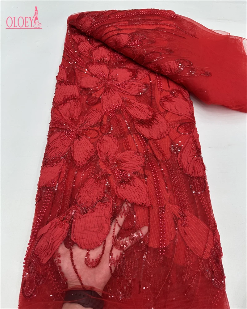 OLOEY Luxury Beaded Lace Fabric for Bridal Wedding Dress High Quality 5 Yards French Net Sequined African Sequined