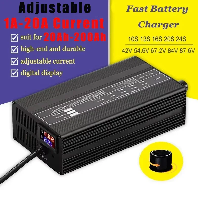 Adjustable 1A-20A 20Ah-200Ah Lithium Battery Charger Power Chargers 72V 24s/23s/21s/20s Li-ion Lipo Lifepo4 Smart Fast Charging