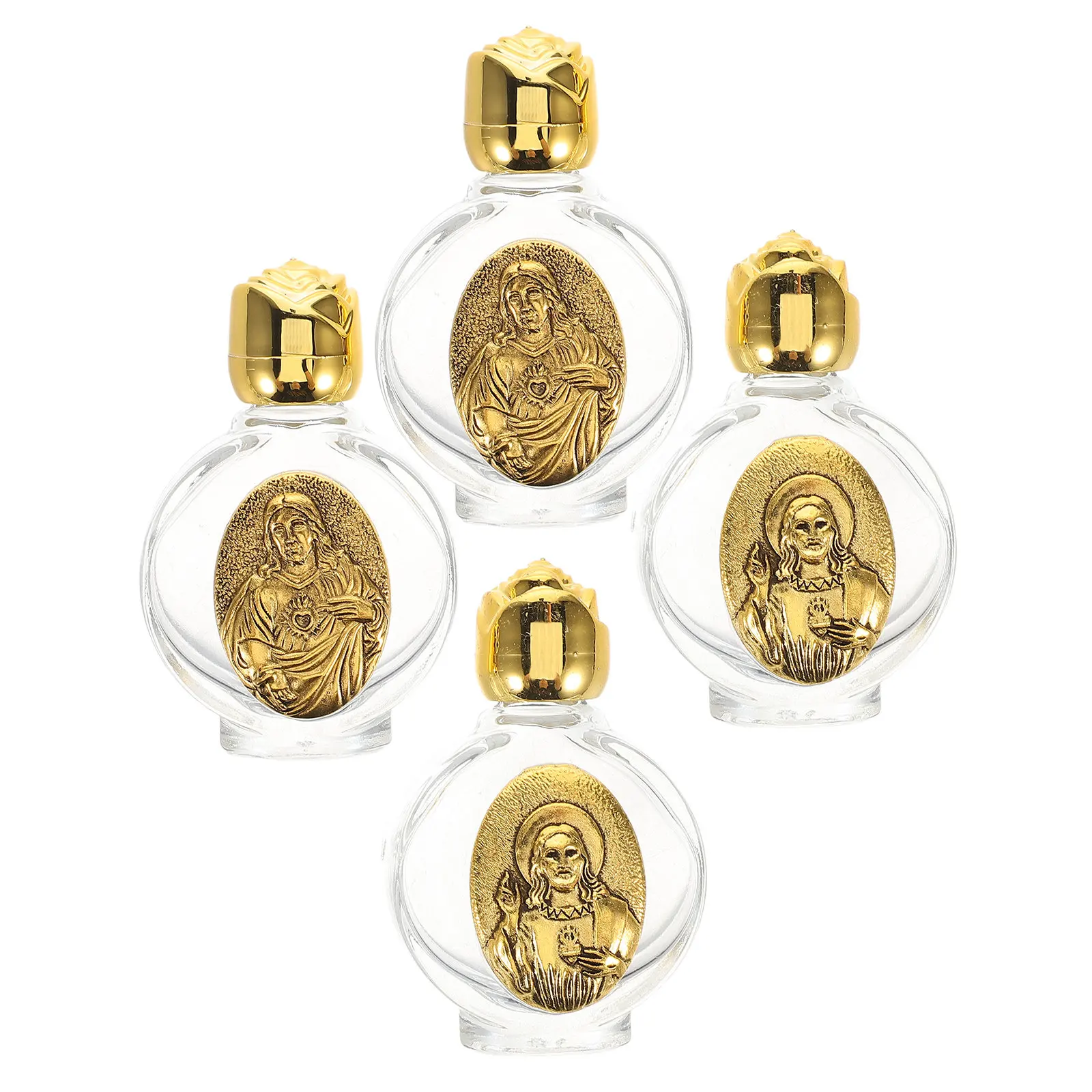 

4Pcs Glass Water Bottles Mini Religious Containers Elegant Embossed Design Portable for Travel Perfume Essential Oil