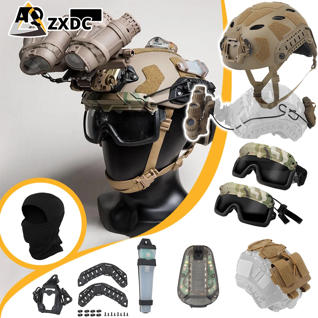 Airsoft paintball helmet set, Four eyes NVG model, Full goggles, L4G24 and NVG model, Two signal lights, Black rail and base