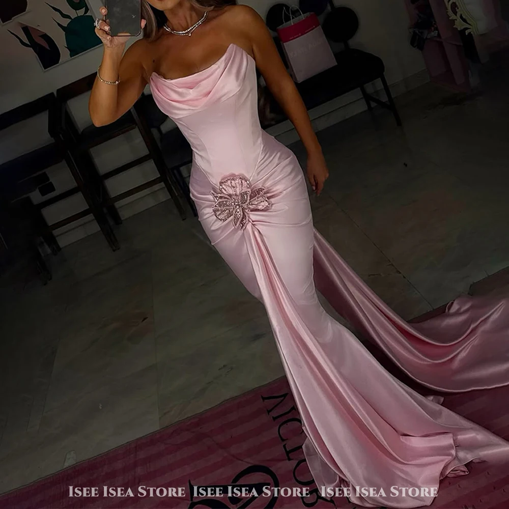 Vestidos de Noche rosas trompeta con cuentas de satén para mujer, tirantes sexys con hombros descubiertos, elegantes, para graduación, personalizados