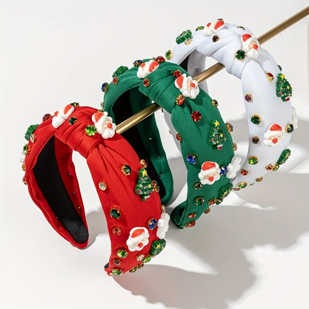 Holiday Christmas Headband - Wide ligature design, sparkling rhinestones, Santa Claus and snowflake pattern