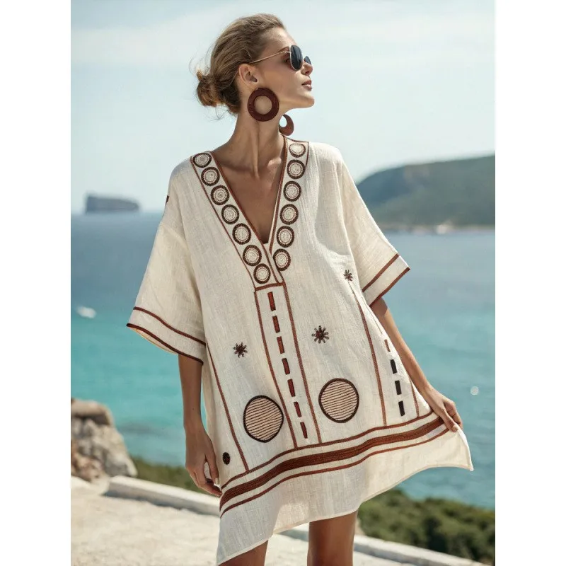 

New Loose Short Sleeve Boho Dresses Summer Casual Retro Ethnic Beach Dress Elegant Striped Print V Neck Holiday Dress Vestidos
