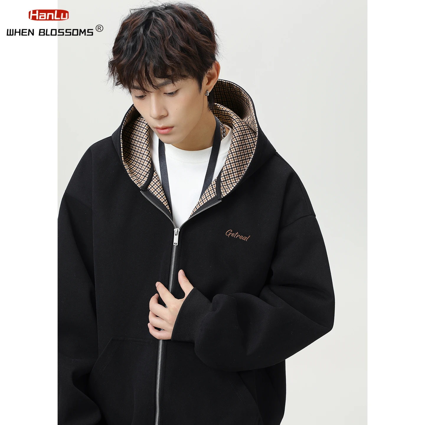 

HANGLU 2025 Men's Plaid Color Block Hooded Zip Up Heavyweight Vintage Boxy Fit Streetwear Hooded Jacket