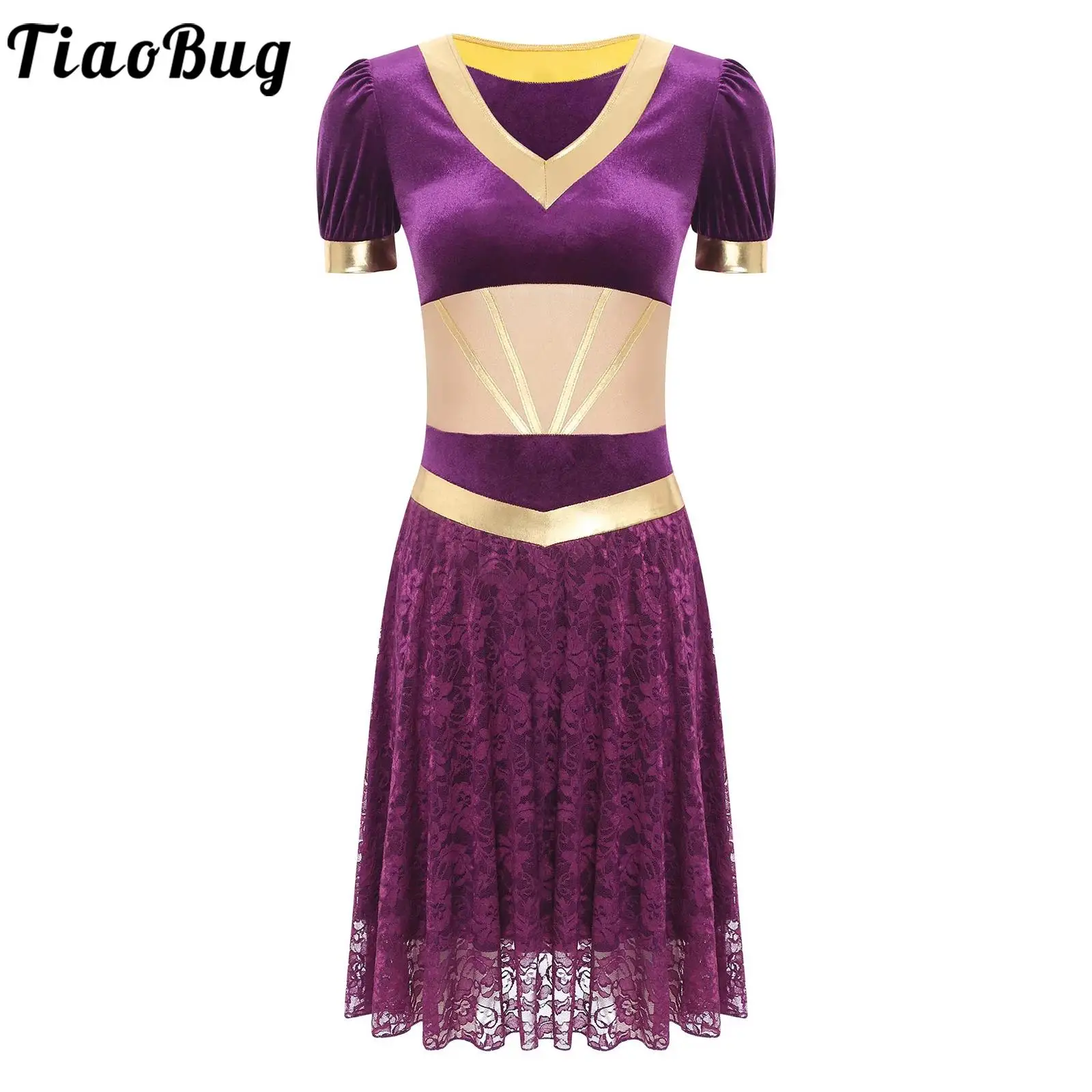 

Women Arabian Dance Performance Dress V-Neck Short Sleeve Floral Lace Patchwork Dress for Dance Shows Stage Performances