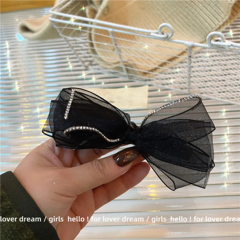 South Korea\'s new transparent lace bow hairpin super fairy rhinestone spring clip sweet and cool wild hairpin hair accessories