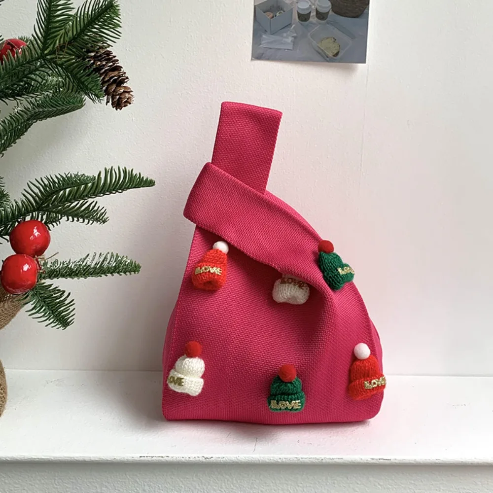Sac de poignet décontracté avec nœud de chapeau de noël, sac tricoté en laine imprimé, sac à main tissé, fourre-tout pour étudiant